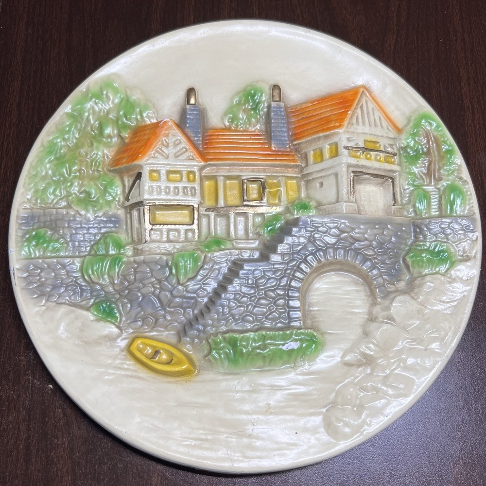 Vintage Chalkware Cottage Village Wall Plaque 11.5" Hand Painted Decor **Flaws